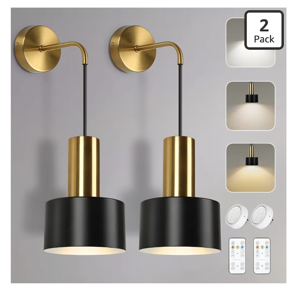 VerRon Set of 2 Battery Wall Sconces Black Gold Remote Dimmable LED